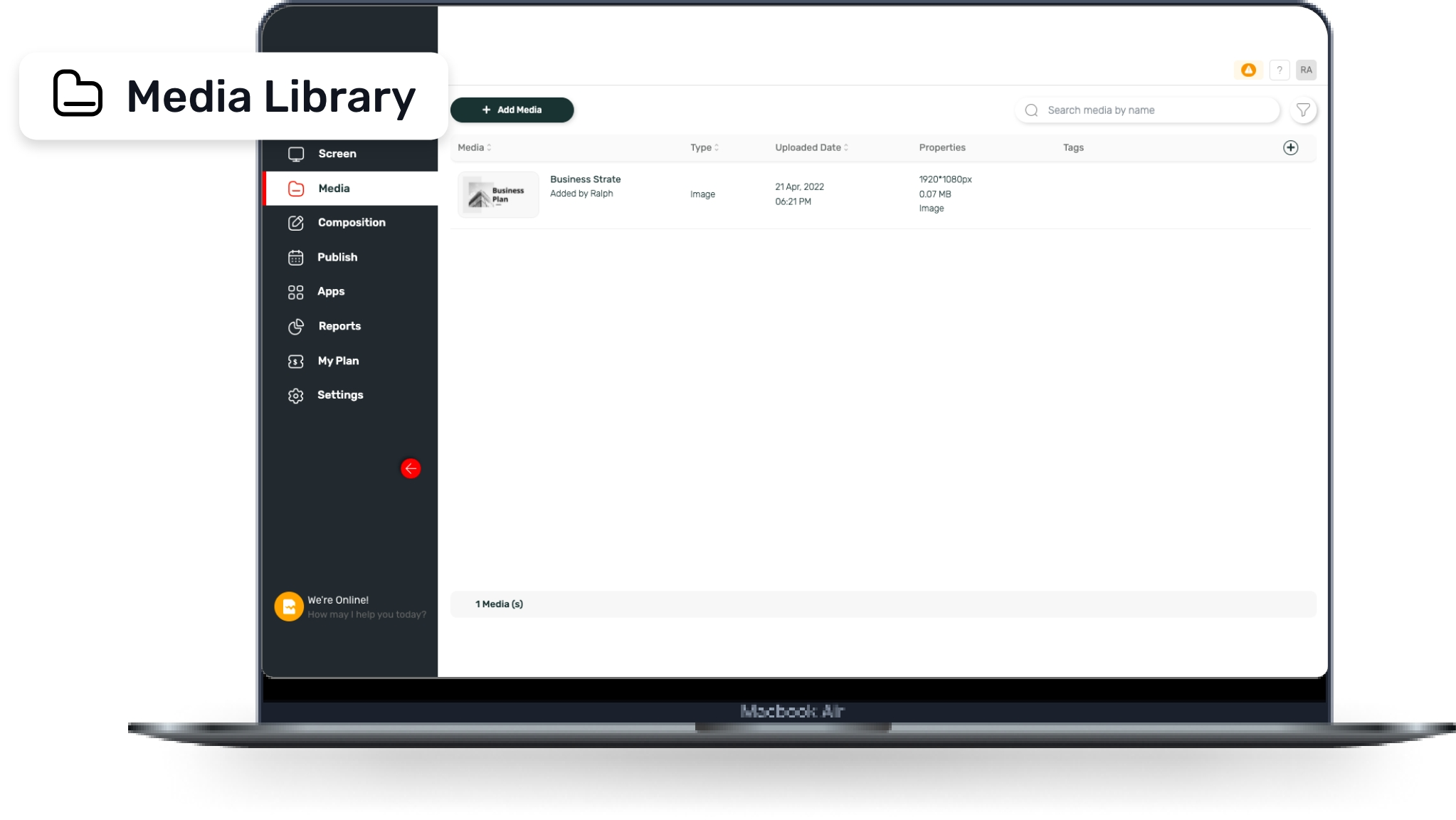 pickcel software interface showing media library where the content created from canva gets auto saved.