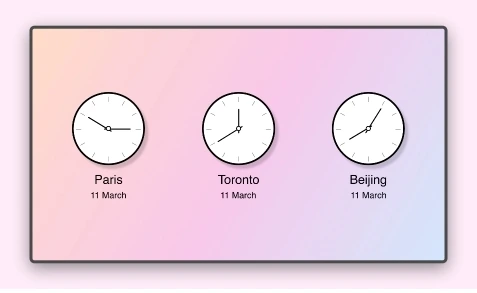 Clock app feed preview showing analog timezones of countries Paris, Toronto and Beijing to display on digital signage screens