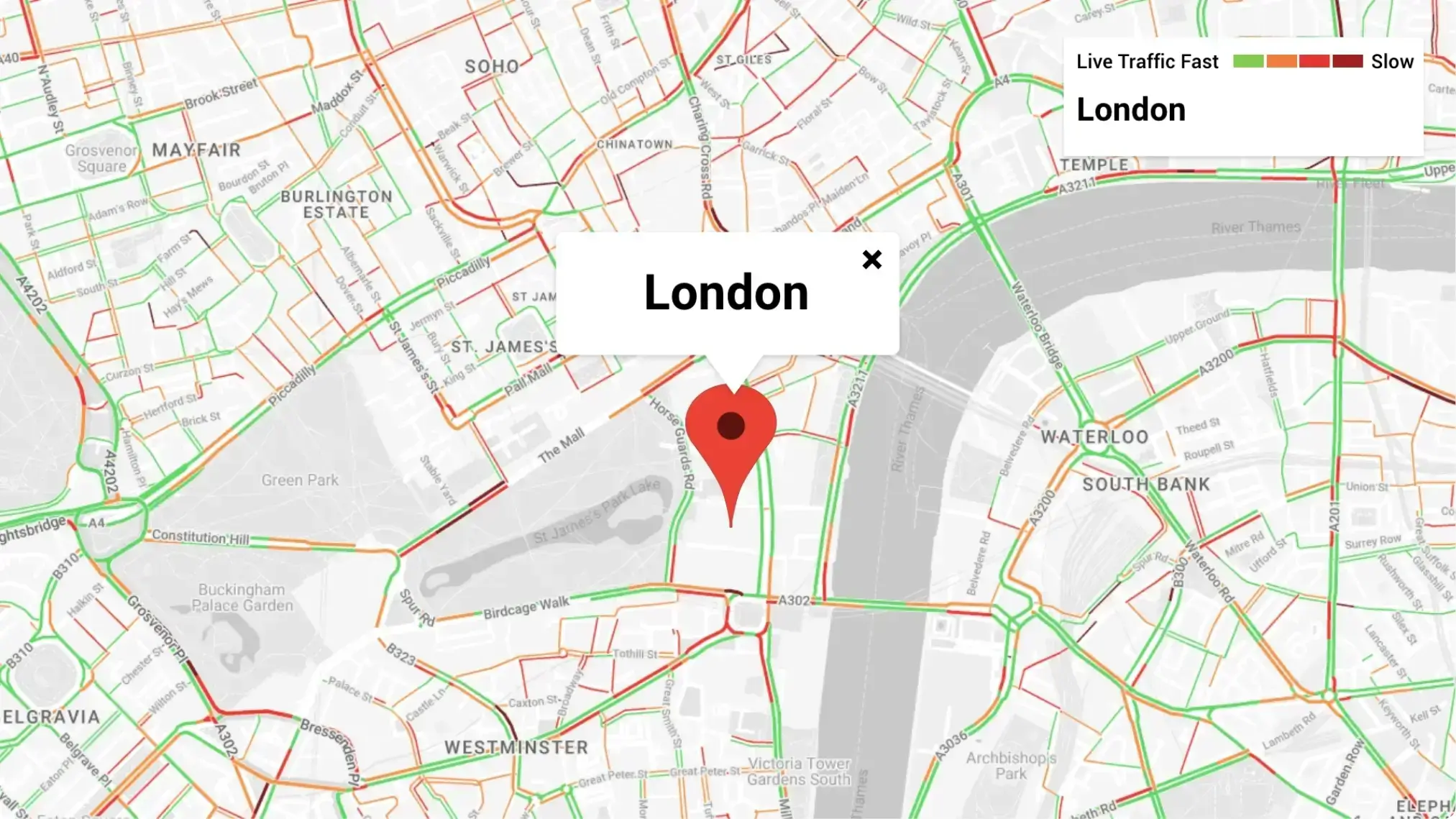 digital signage Google Traffic app layout preview showing London map in Silver theme