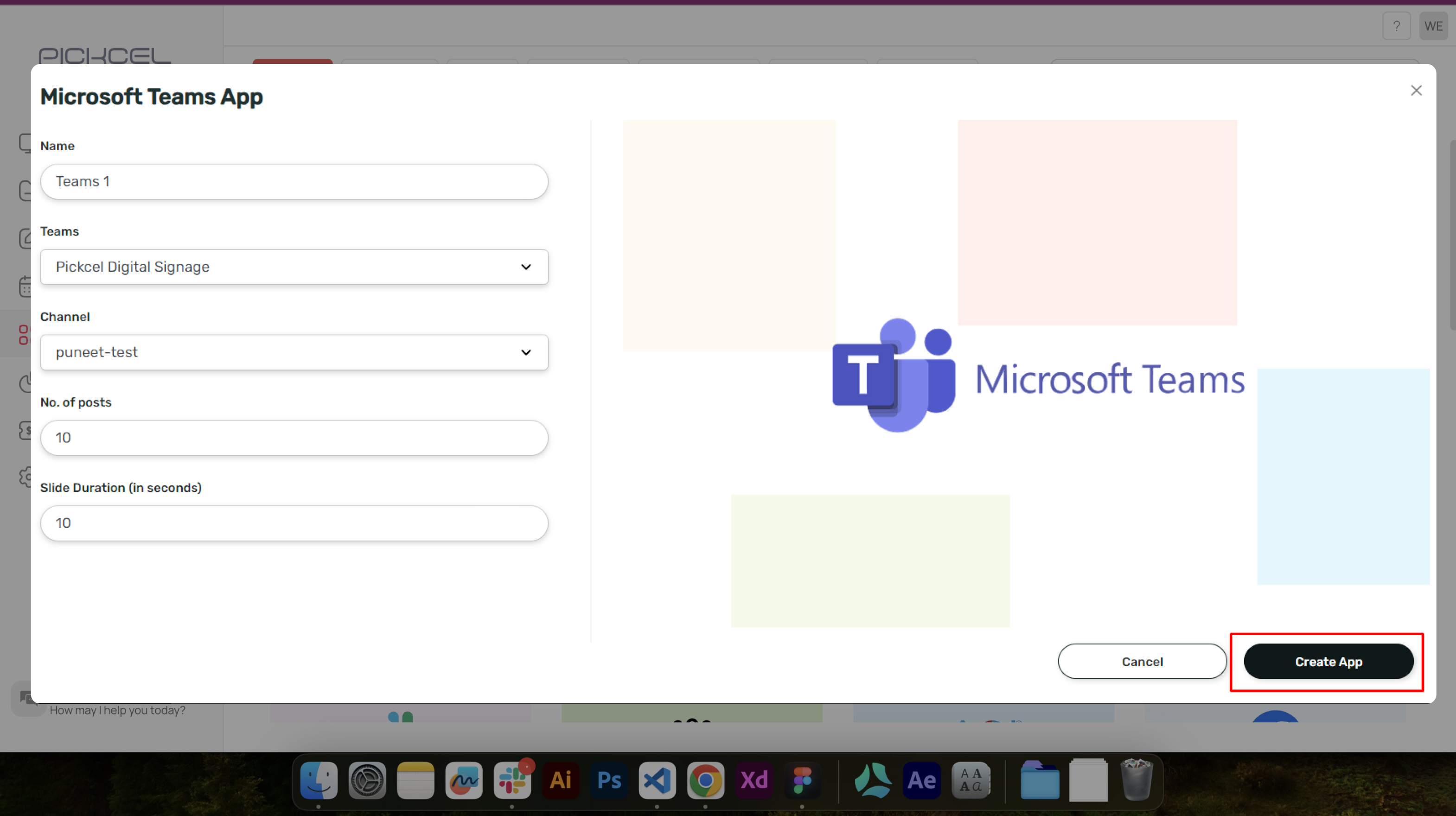 step 1 digital signage software interface showing microsoft App configuration window with multiple options