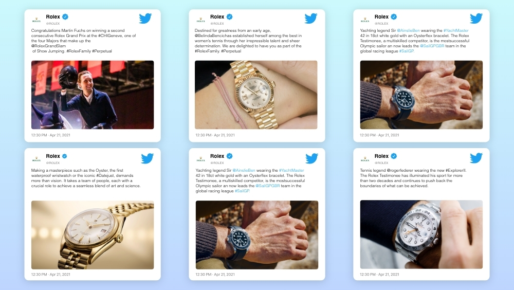 digital signage Twitter Plus app preview showing six posts with image in collage of 2 rows and 3 columns layout.