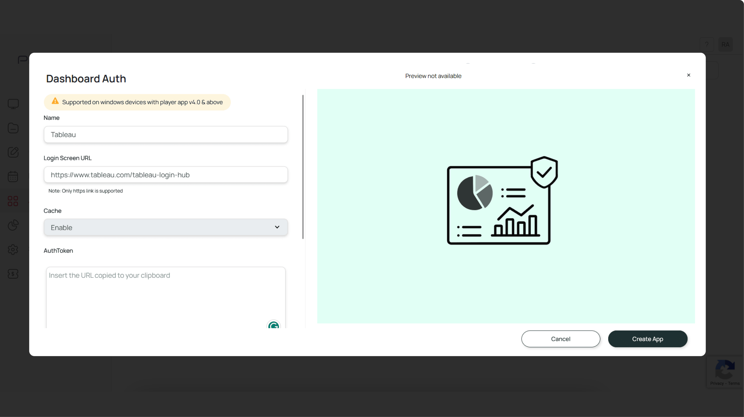 step 1 digital signage software interface showing microsoft App configuration window with multiple options