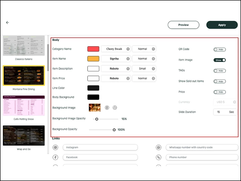 Pickcel software digital menu board app creation window with the option to edit the menu design template and apply the changes.