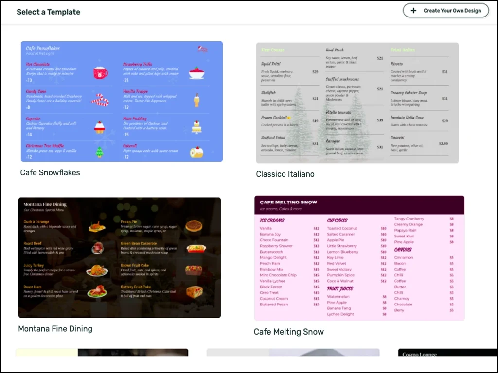 Pickcel software digital menu board app creation window with the option to choose a menu design template or create own design.