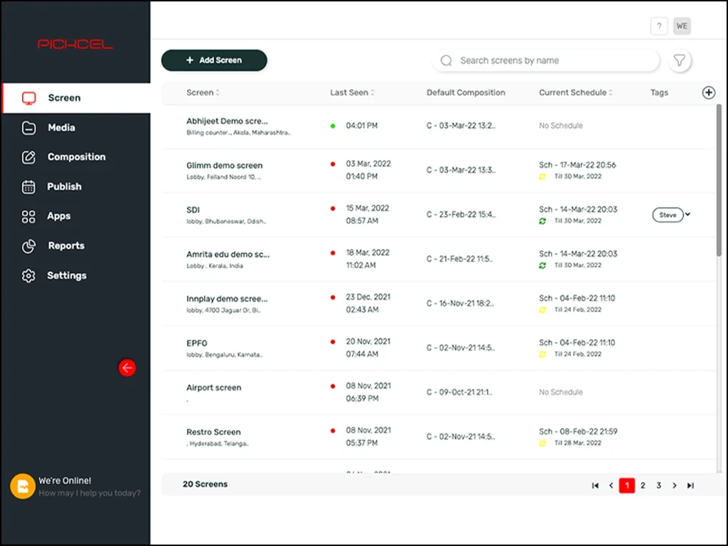 Pickcel software screen addition and monitoring tab