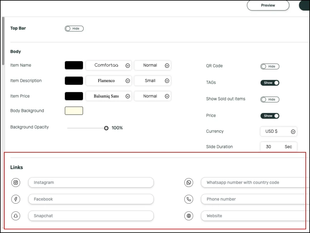 Pickcel software digital menu board app creation window with the options to add social media links, Whatsapp number, phone number, etc.