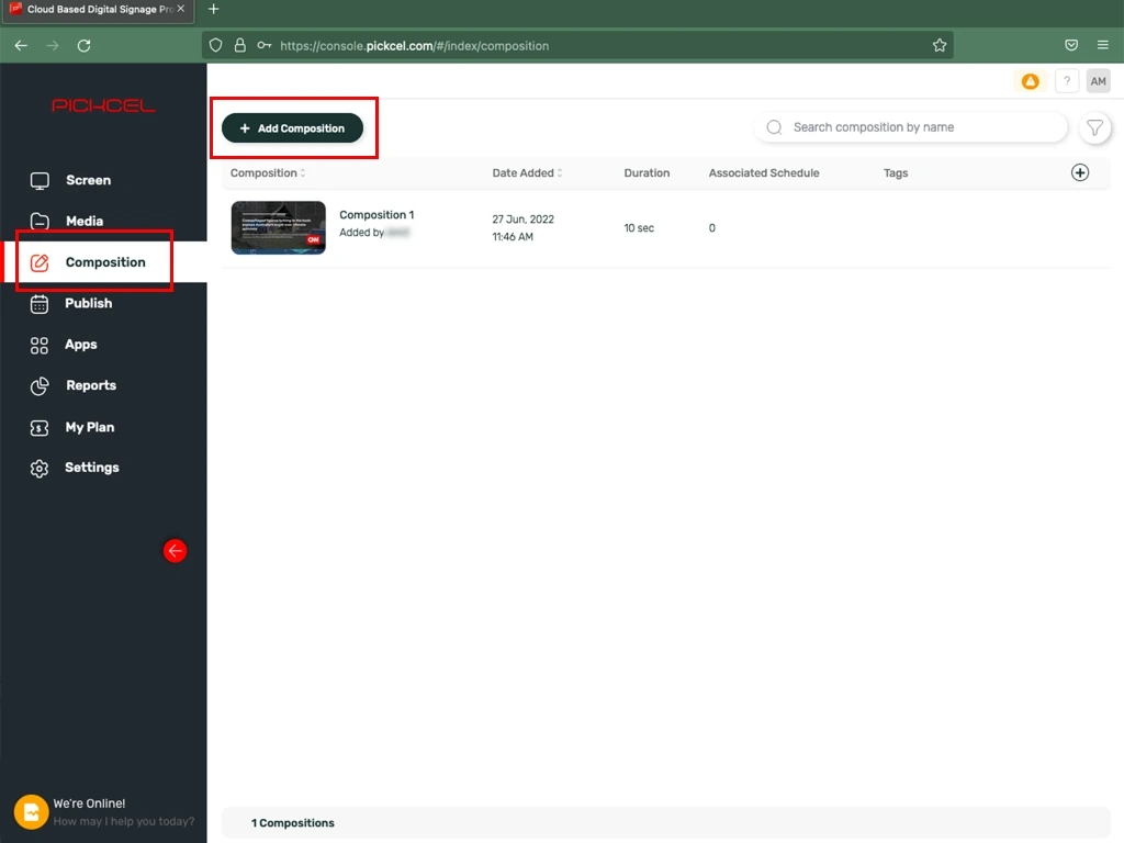 Composition module of the software with add composition button to start designing the screen layout