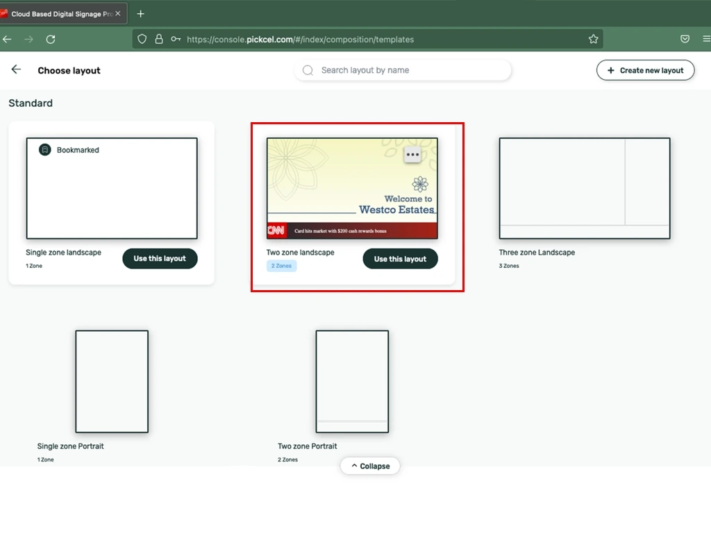 Screen layout templates of Pickcel software with single zone to multi-zone options