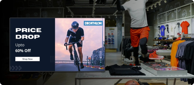 sports retailer giant decathlon showing offer using pickcel digital signage solution