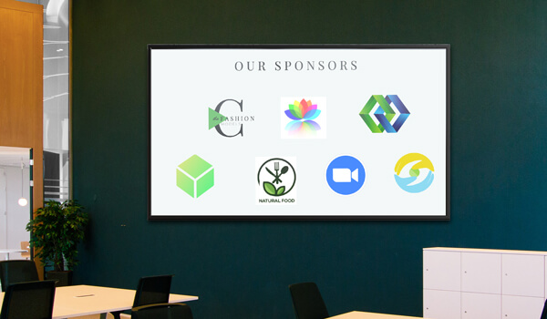 a meeting room digital signage gives the spotlight to the sponsors of an event