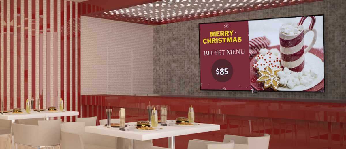 restaurant digital signage display showing christmas menu