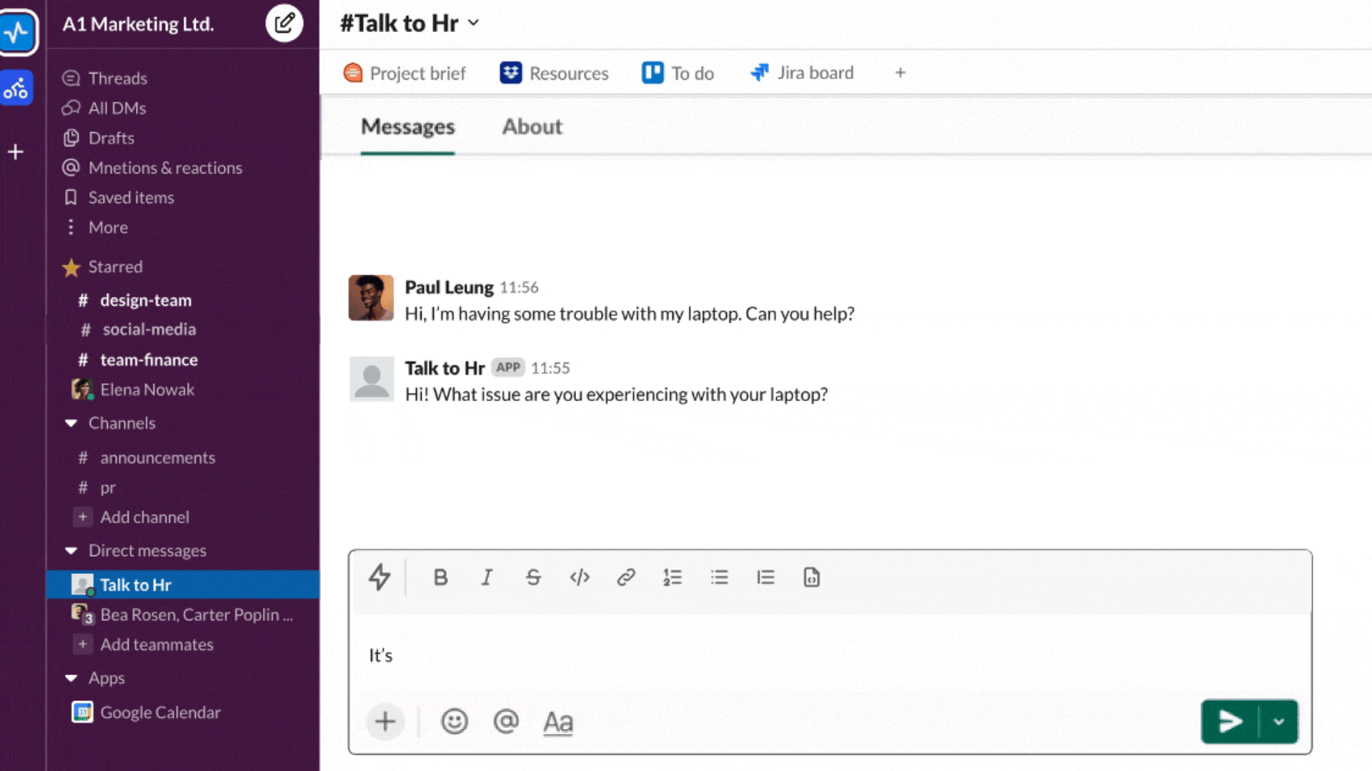 AI chatbot integrated to slack for quick HR queries.
