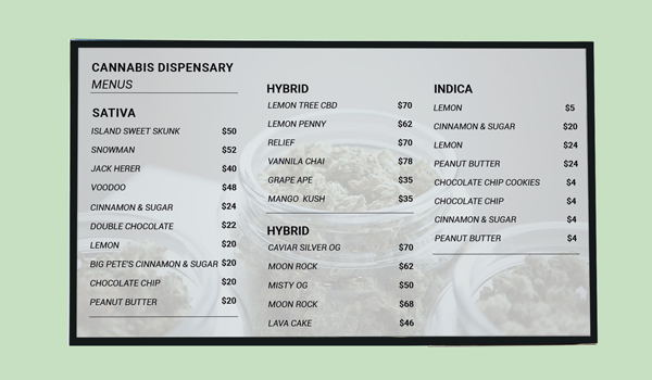 A cannabis menu board created with Pickcel's digital menu board solution showing list of different cannabis strains