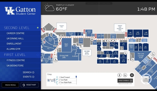 Wayfinding map of an office building shows different levels of the building with detailed view of rooms and departments