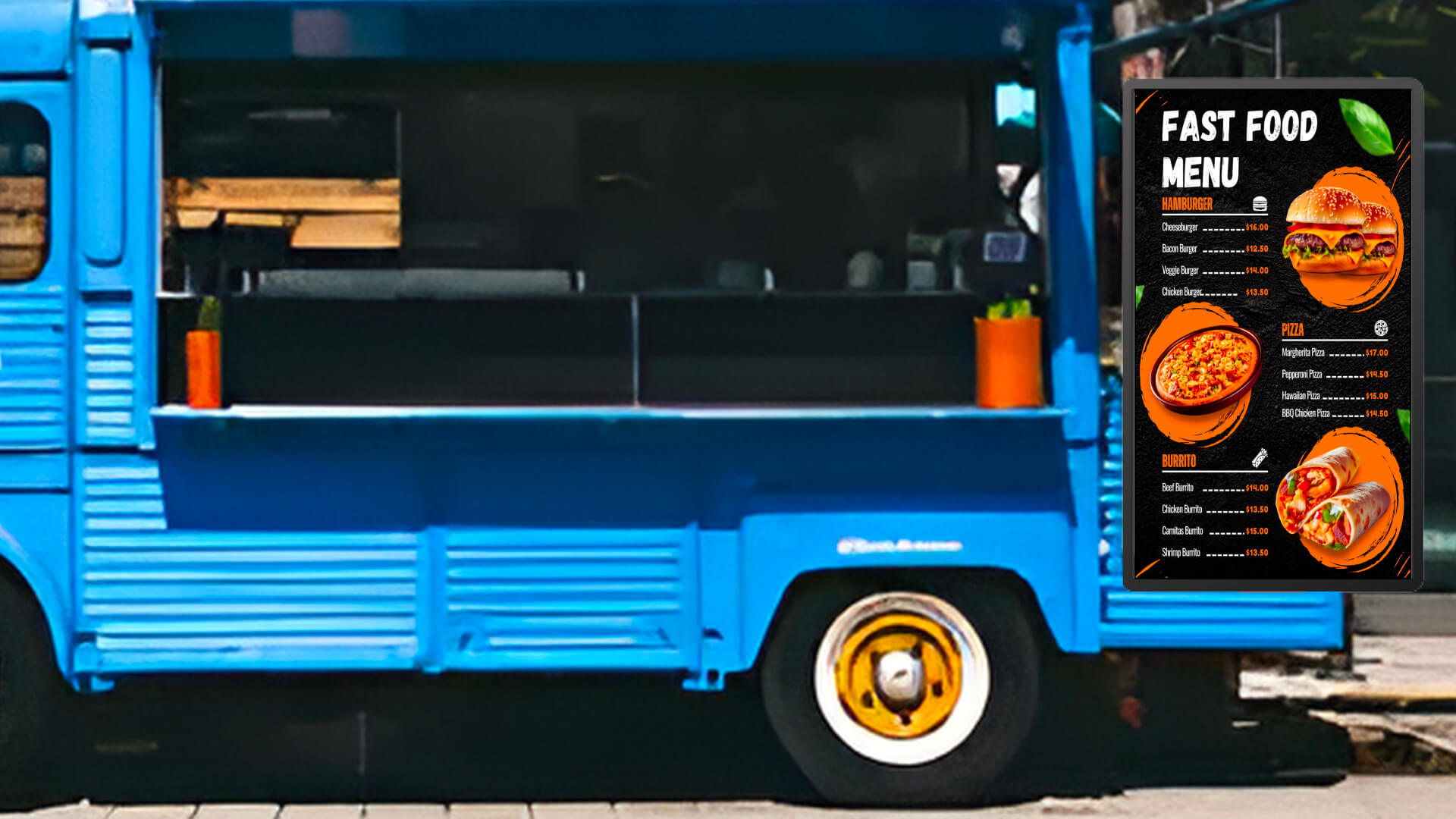  A food truck offering burrito and other fast food items in its menu