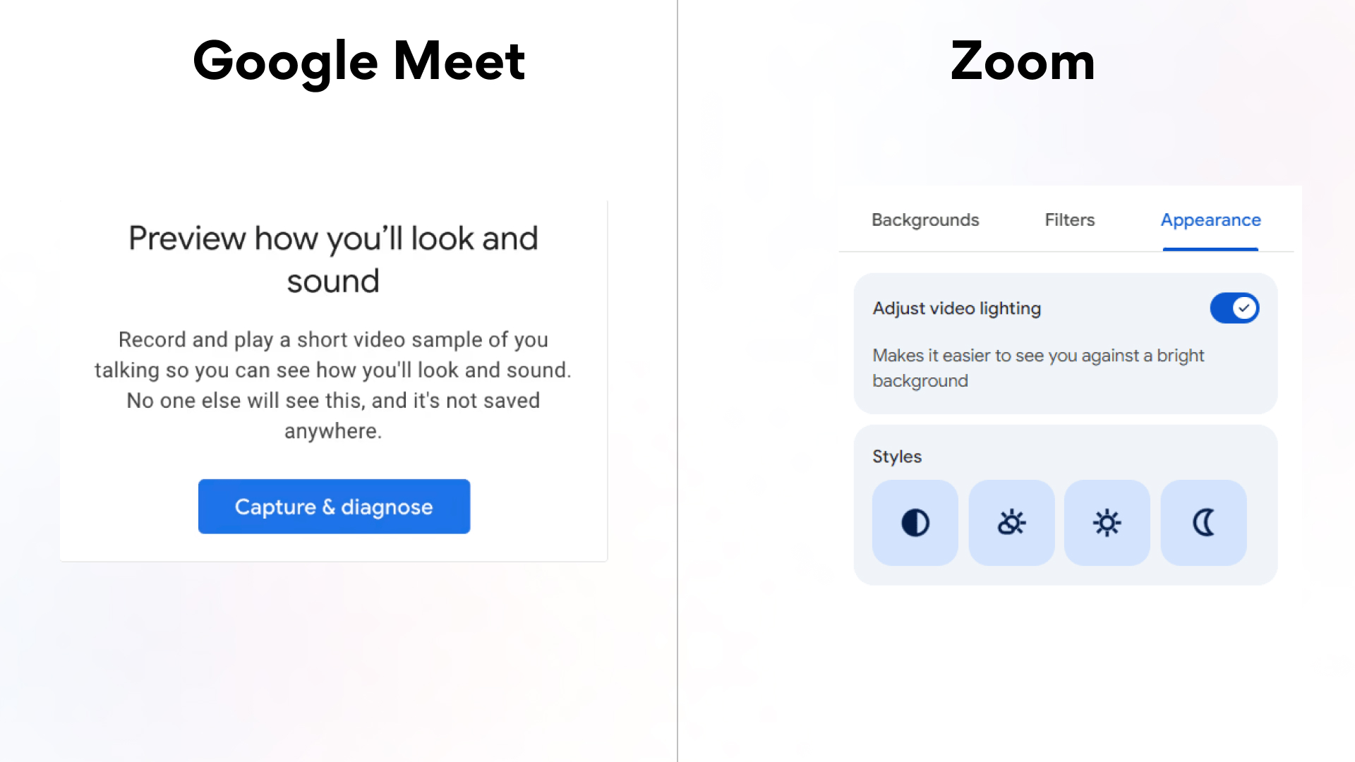  Image showing the differences between the preview feature of Google Meet and Zoom