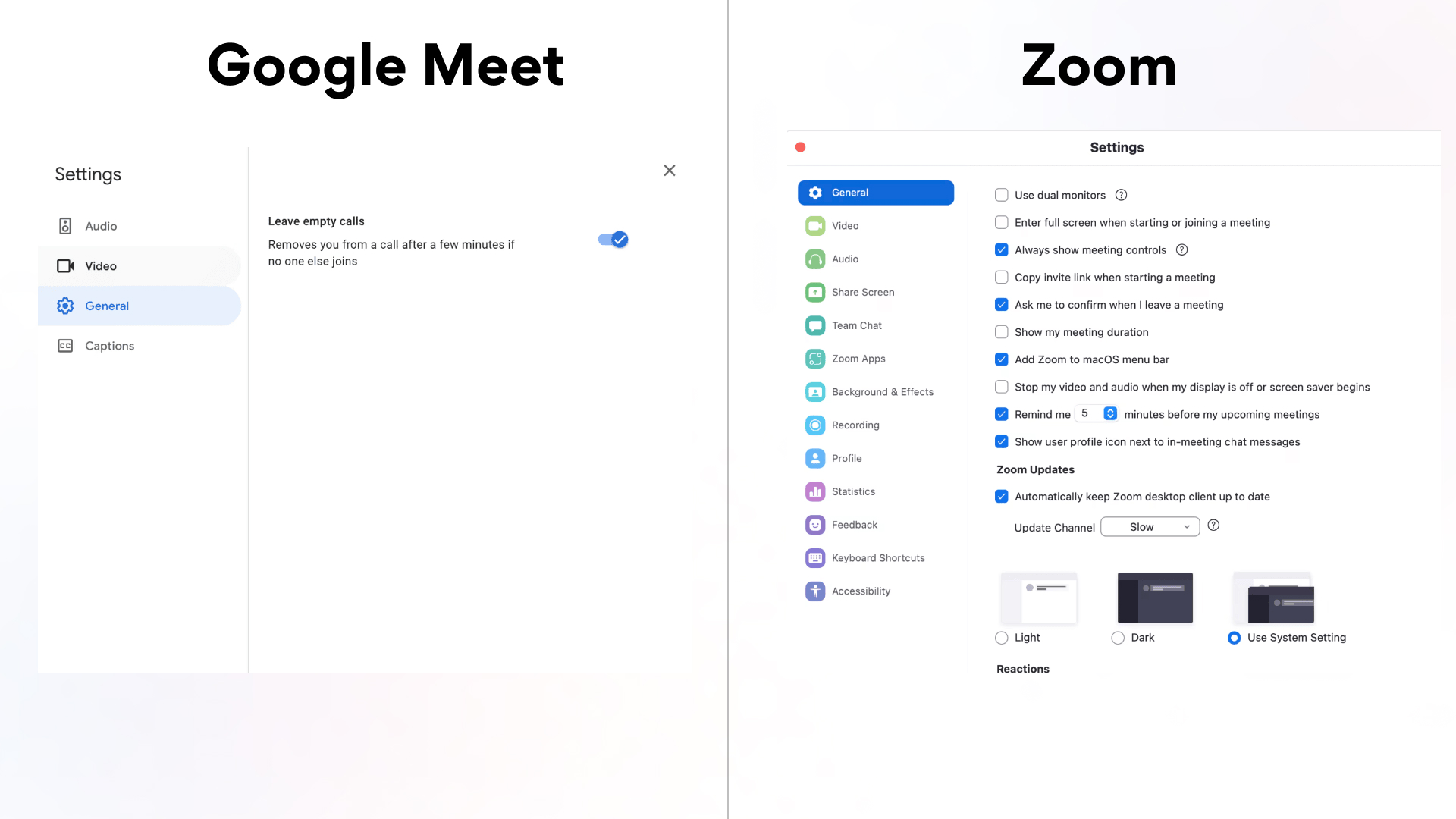 Image showing the different setting options available in Google Meet and Zoom