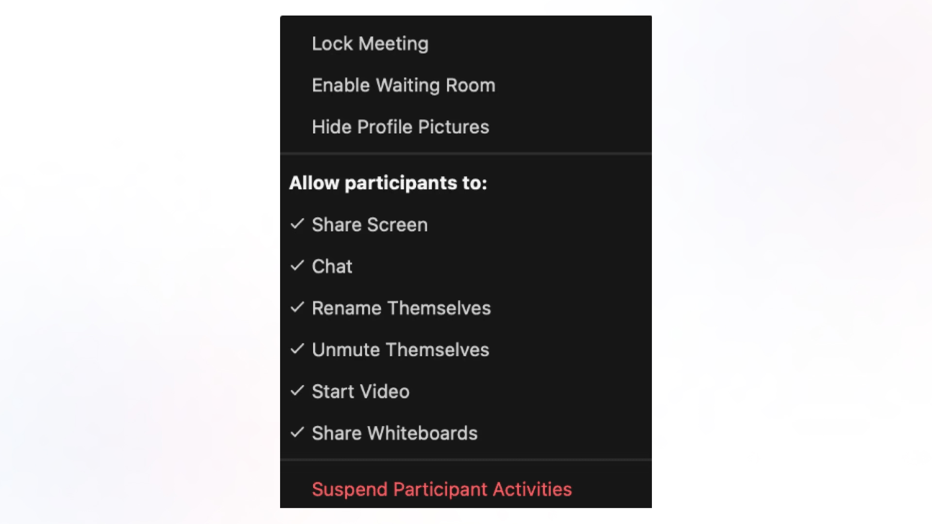  Image of the security features and access controls available in Zoom