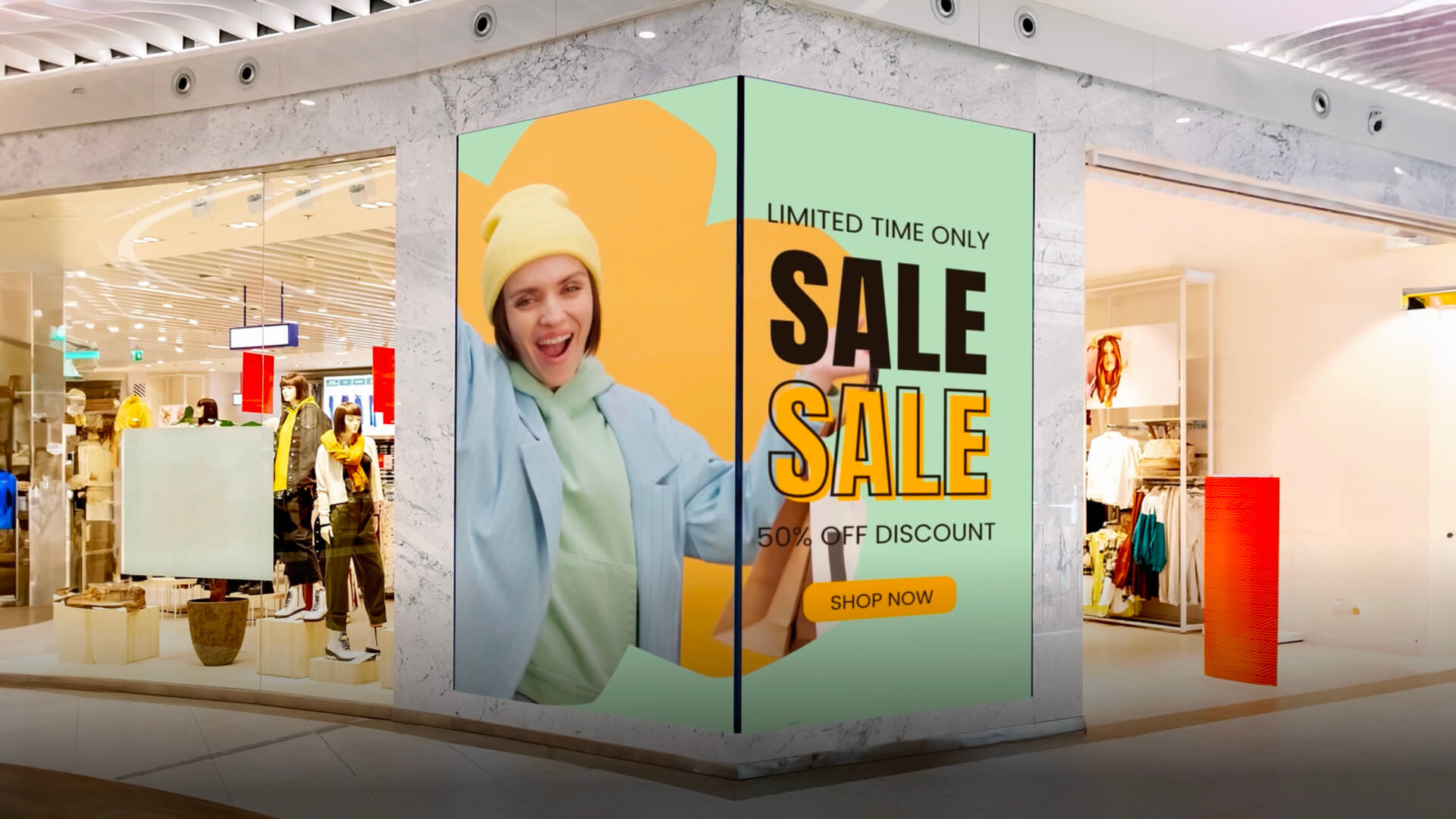 Symmetric video wall at a storefront, displaying a vibrant advertisement featuring a cheerful woman holding shopping bags.