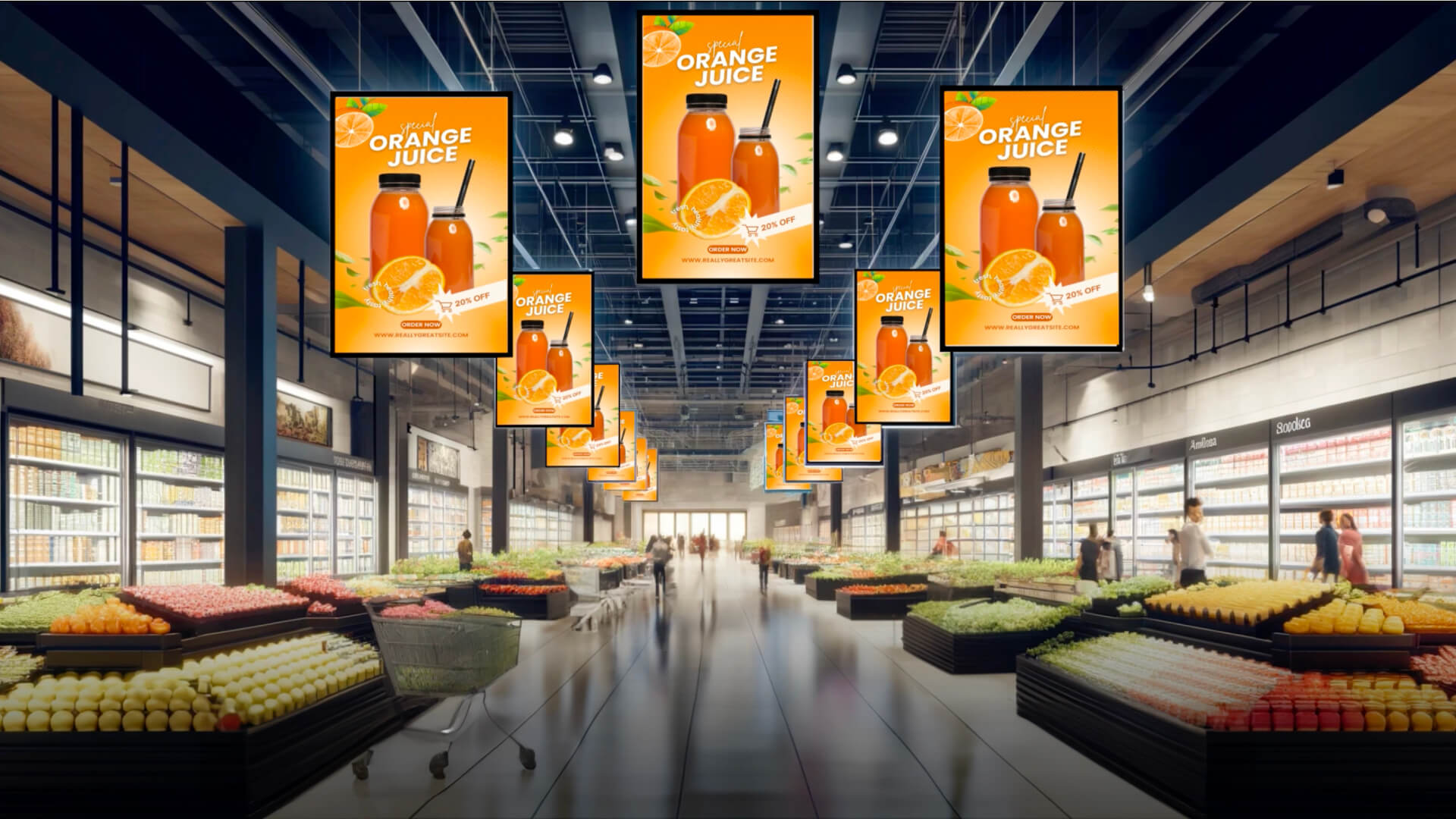 Synchronized multi-screen display in a supermarket, showing identical advertisements for orange juice across multiple screens