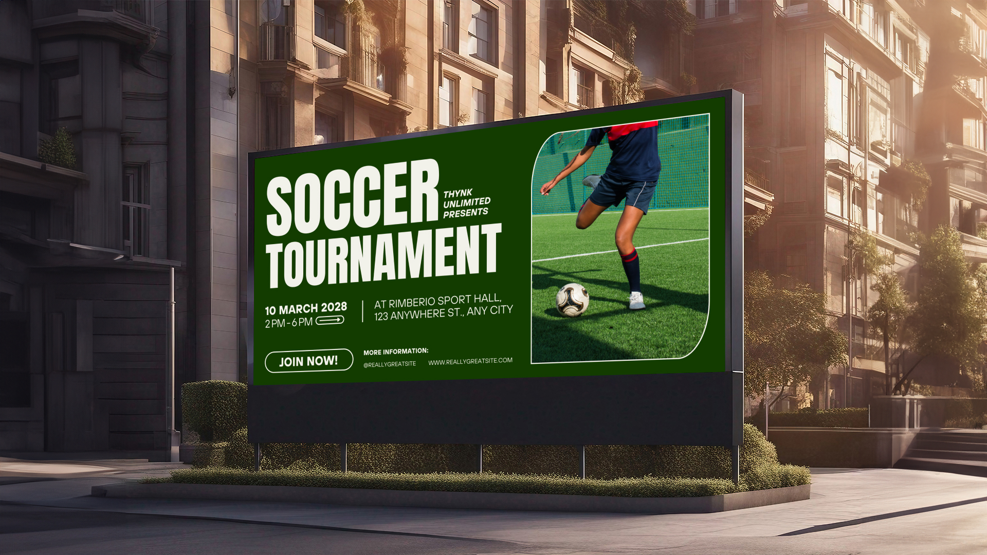 A digital signage board showing an upcoming sports event