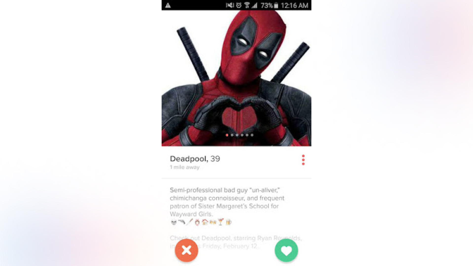 Image screenshot of Deadpool's Tinder profile created by marketers for movie promotion