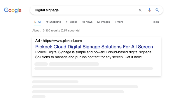 Google SERP screenshot showing ad copy from Pickcel