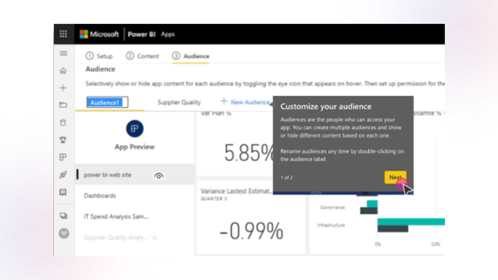 Power BI UI displaying the 'Audience' tab for customizing app audiences and permissions.