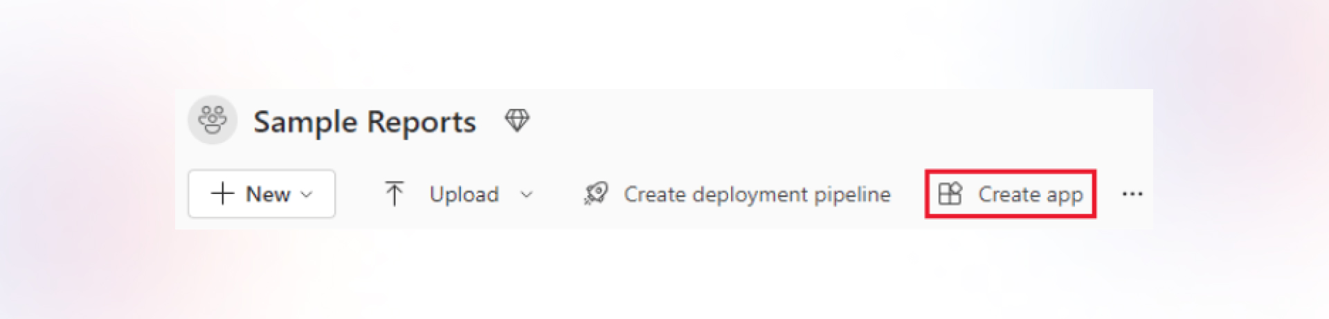 Power BI interface showing the 'Sample Reports' workspace with a highlighted 'Create app' button. The toolbar also includes options like 'New,' 'Upload,' and 'Create deployment pipeline,' allowing users to manage reports and dashboards within the workspace.