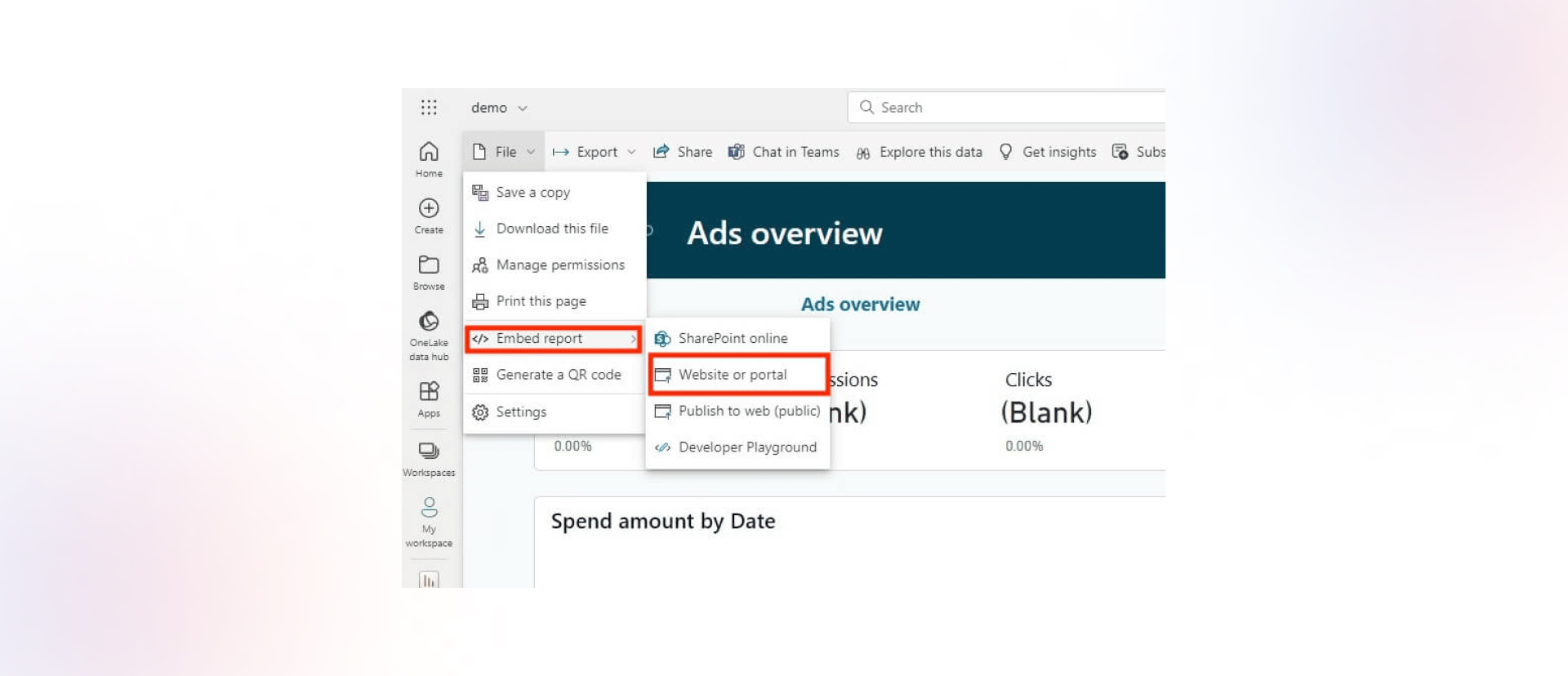 Power BI interface showing the 'File' menu expanded with the 'Embed report' option selected.