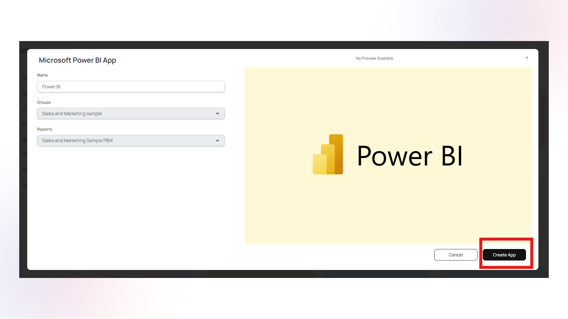 Pickcel interface showing the 'Microsoft Power BI App' configuration window. A 'Create App' button is highlighted at the bottom.