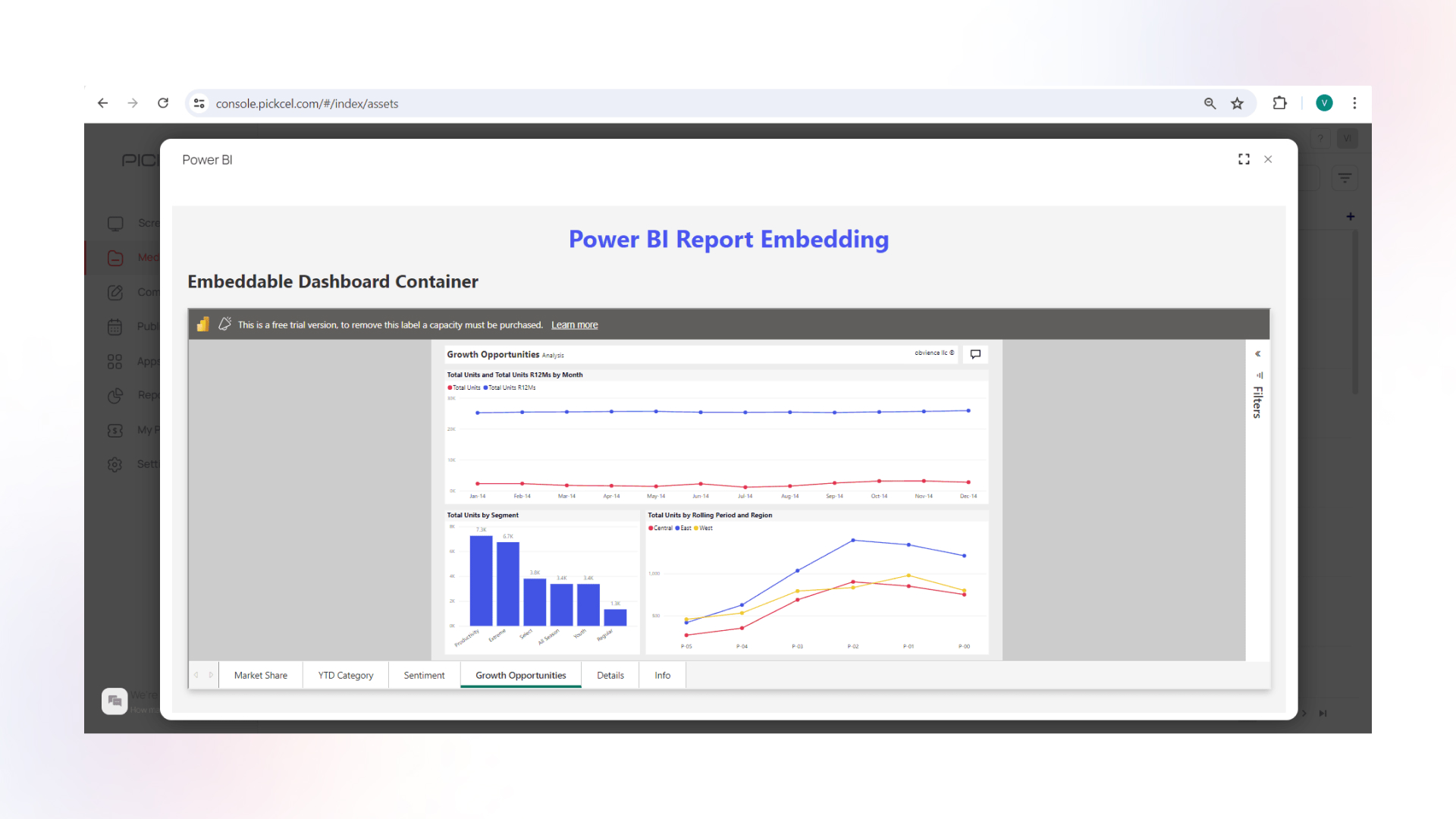 Pickcel interface showing the 'Power BI Report Embedding' window with an embeddable dashboard container