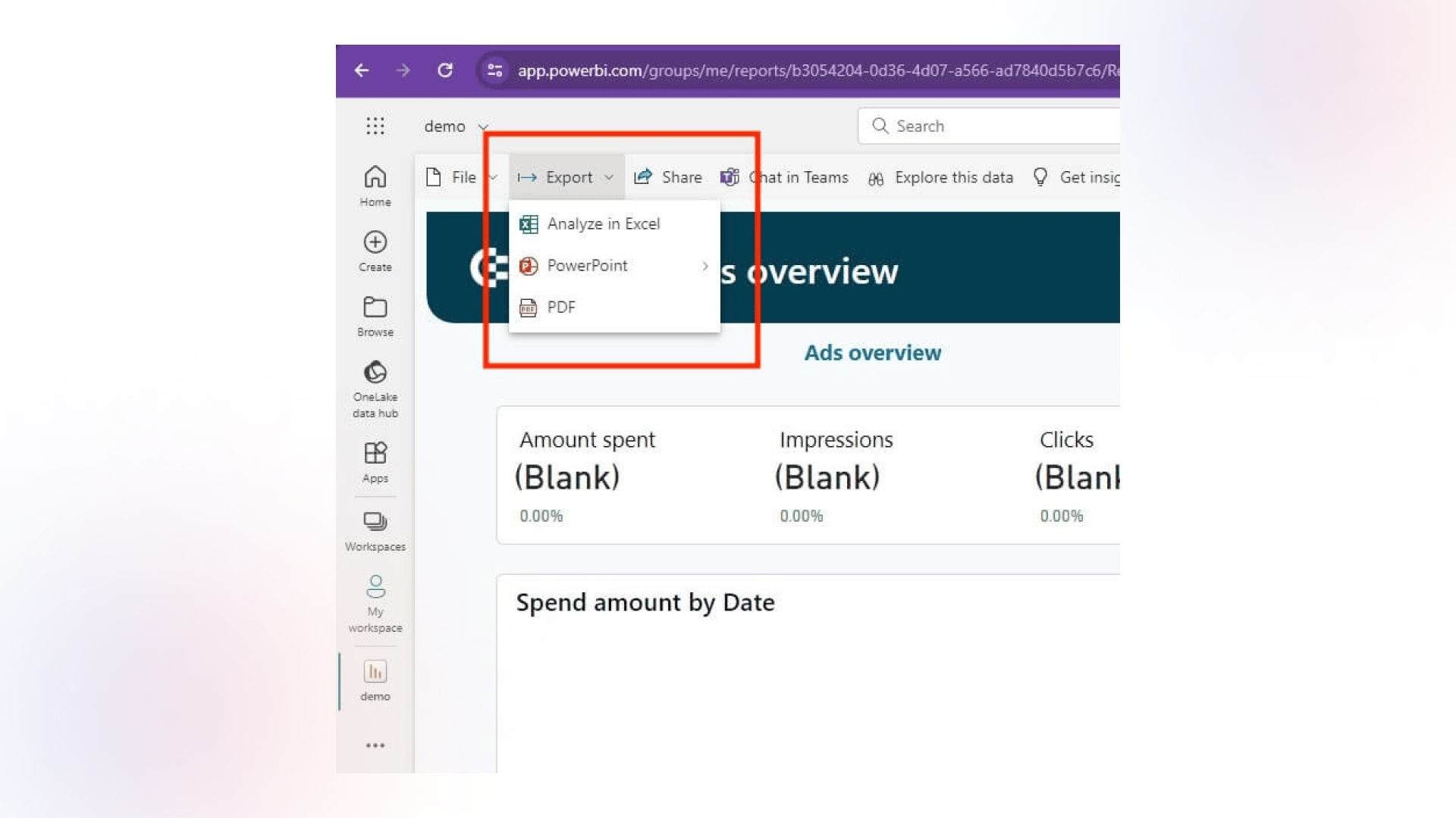 Power BI UI showing 'Export' menu expanded, with options as 'Analyze in Excel,' 'PowerPoint,' or 'PDF.'