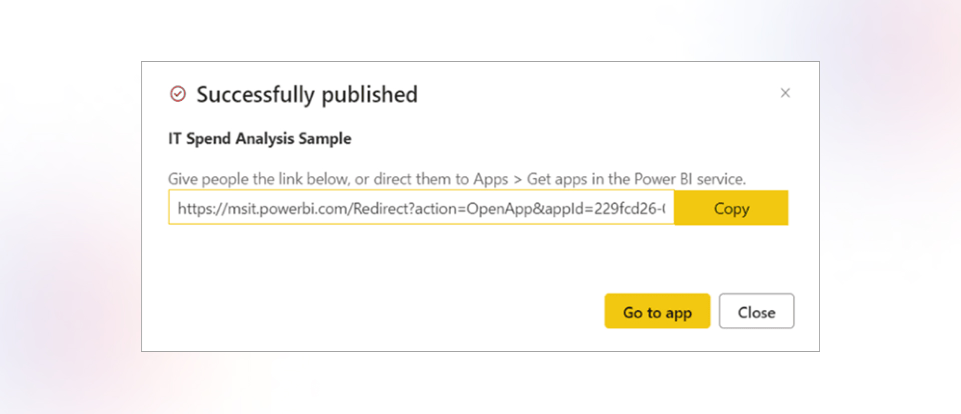 Power BI dialog box displaying a 'Successfully published' message for the 'IT Spend Analysis Sample' app.