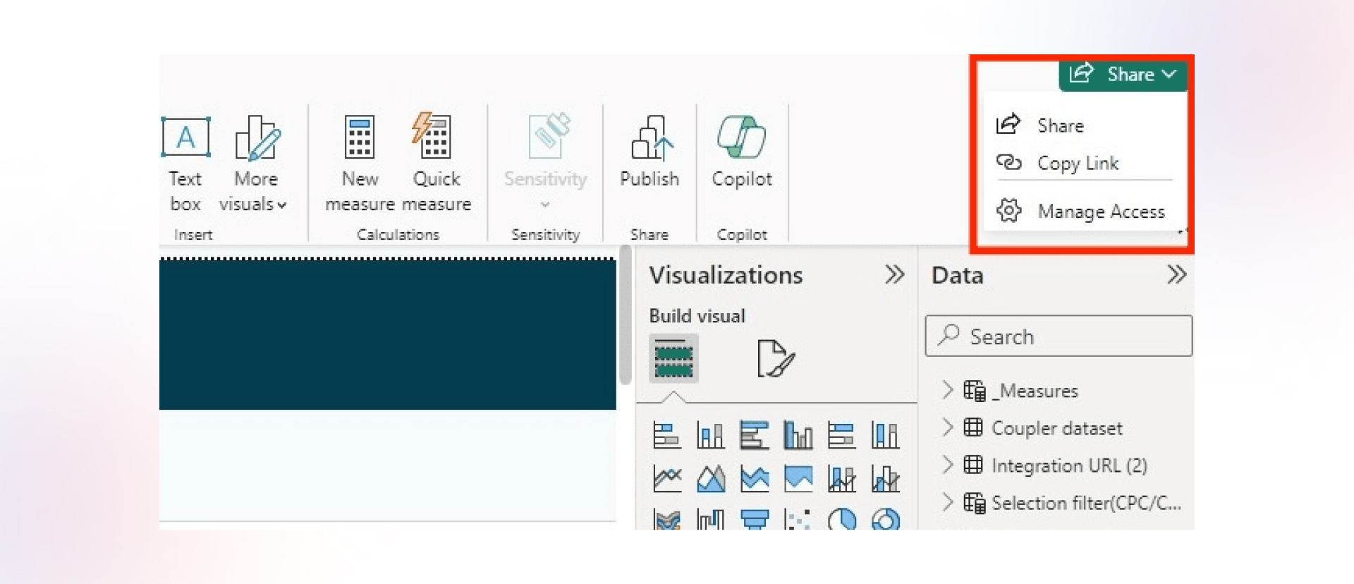 Power BI interface with 'Share' menu options highlighted.