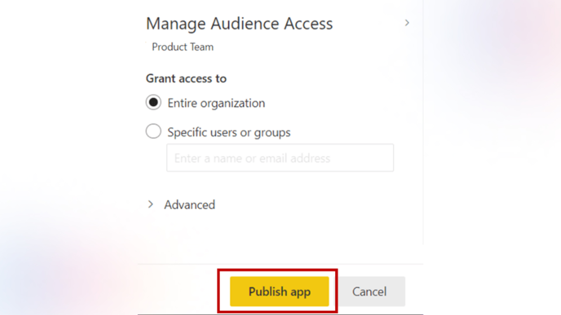 Power BI interface showing the 'Manage Audience Access' dialog. Options include granting access to the 'Entire organization' or 'Specific users or groups,' with a field to enter names or email addresses. 