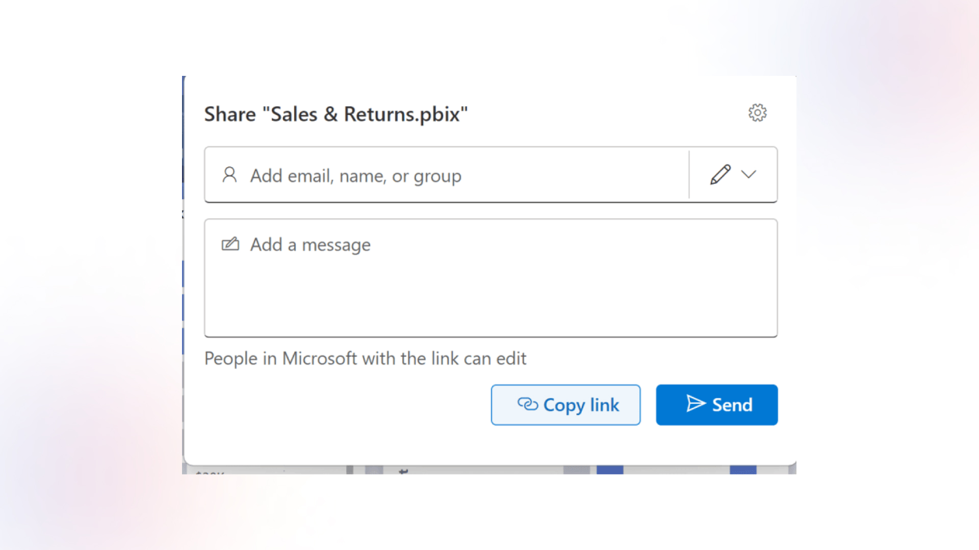 Share dialog box in Power BI for the file with fields to add recipients' email addresses