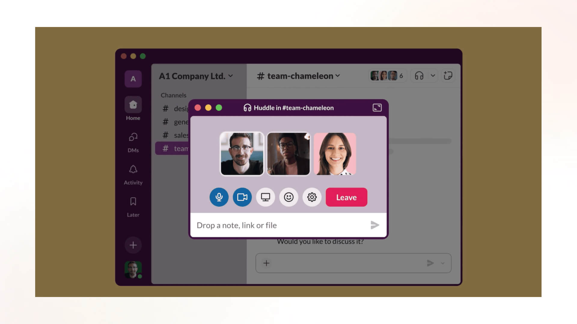 Image of a screen of Slack huddle interface