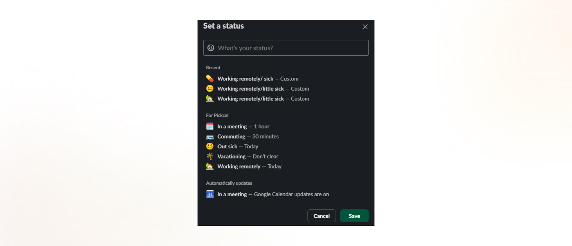 Sample image of slack user profile interface and status update options