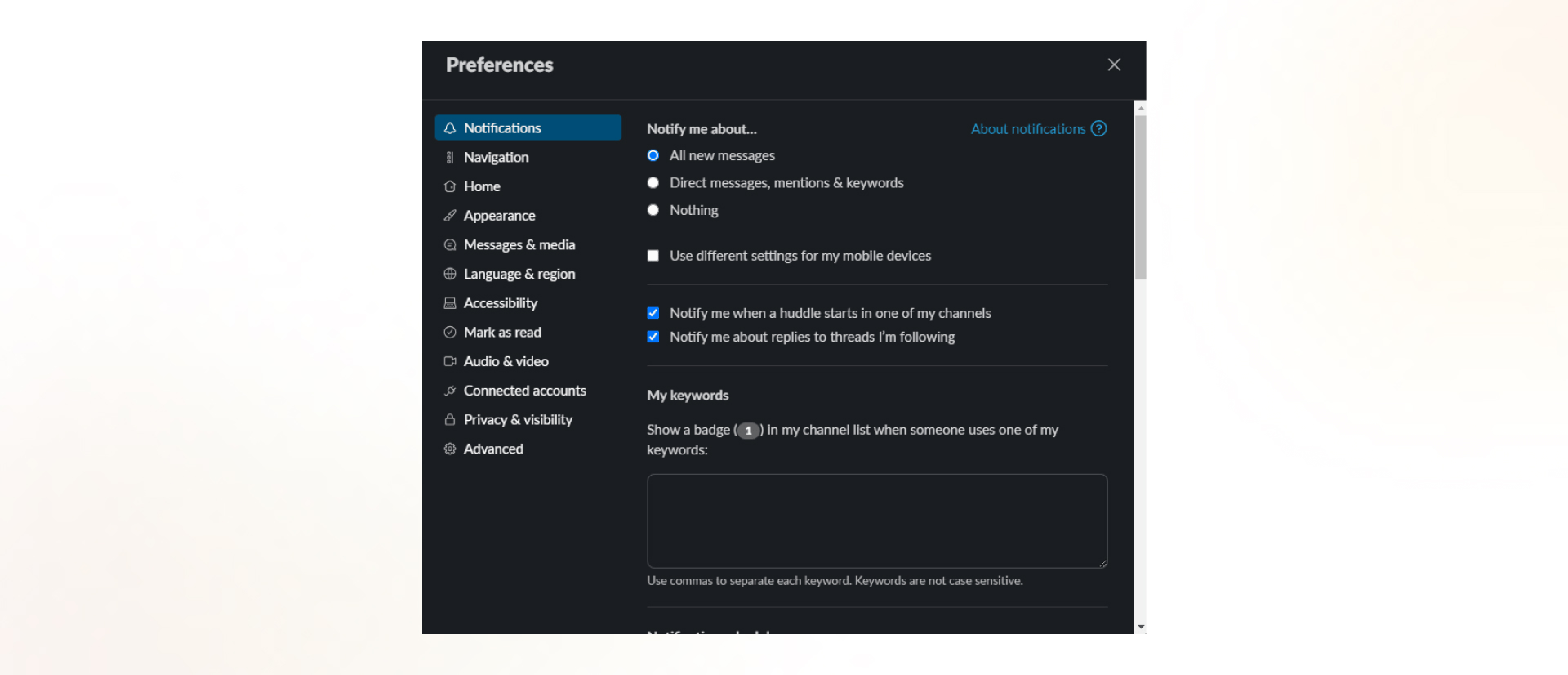  Image of the interface of Slack notification settings