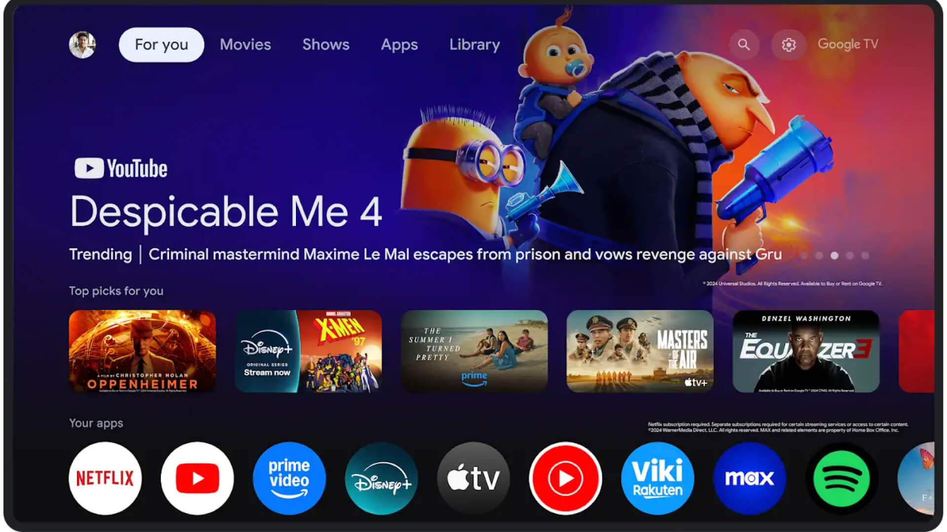 Google TV home screen displaying streaming apps and a featured movie recommendation.