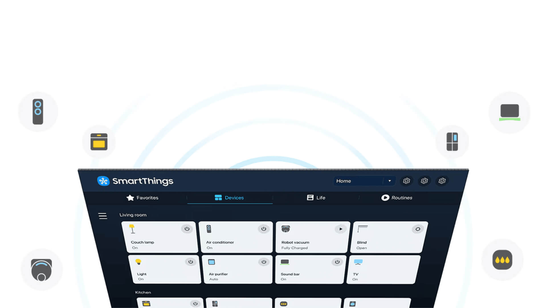 SmartThings dashboard displaying connected smart home devices and their statuses.