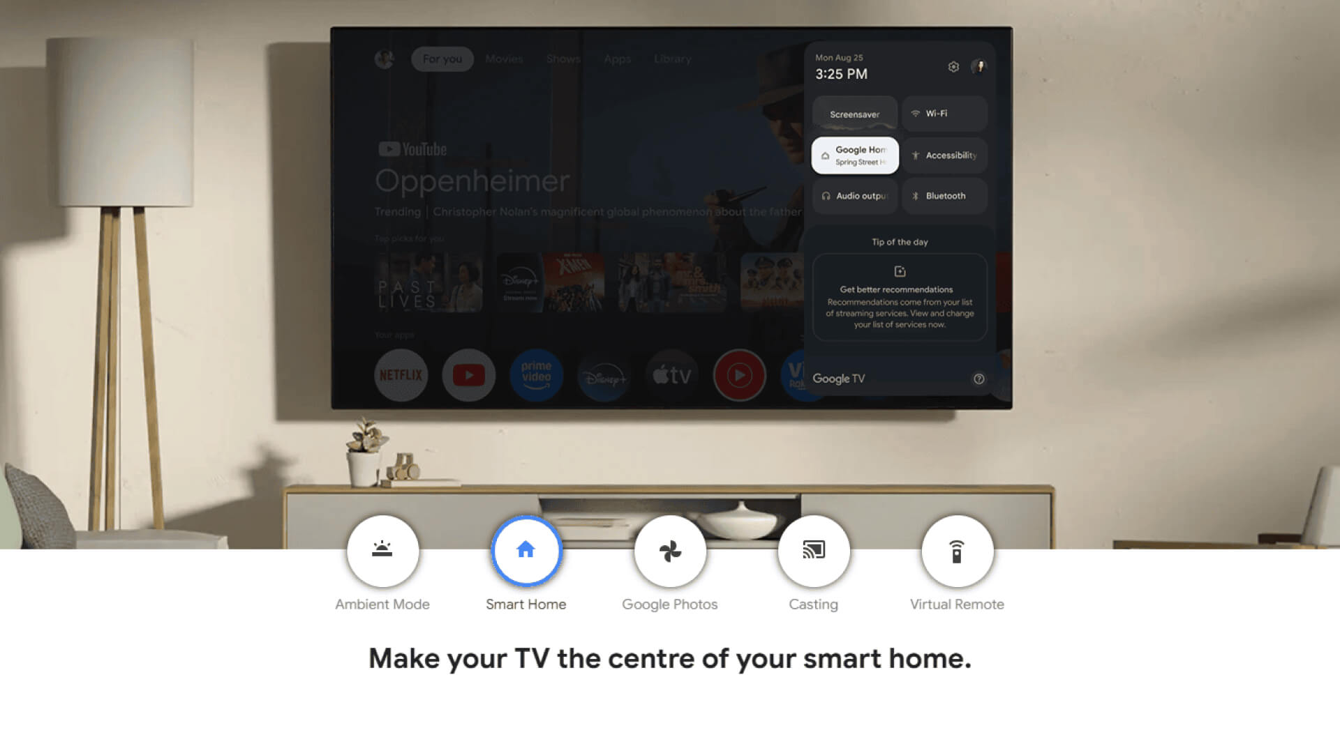 A smart TV interface showing smart home controls and streaming options in a modern living room.