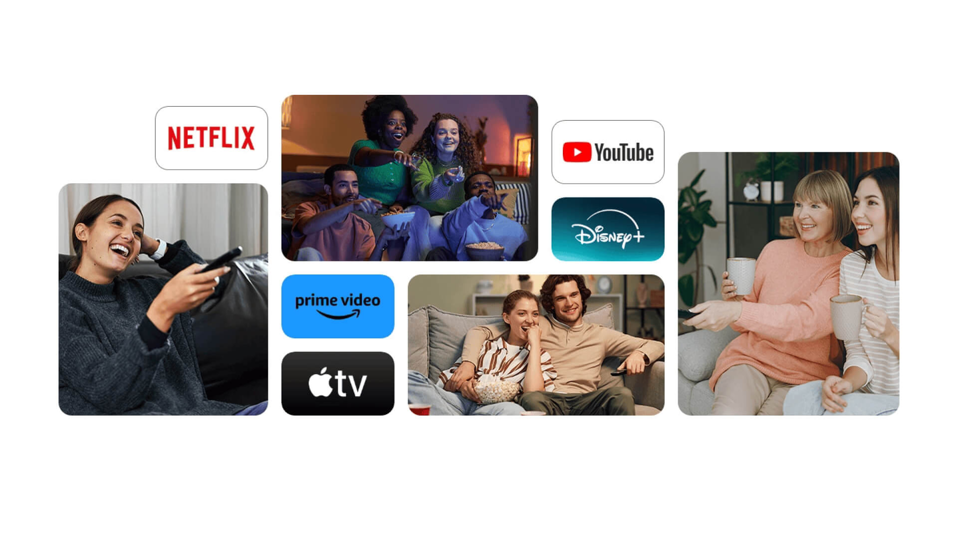 People enjoying streaming content on various platforms like Netflix, YouTube, Disney+, Prime Video, and Apple TV in different cozy settings.