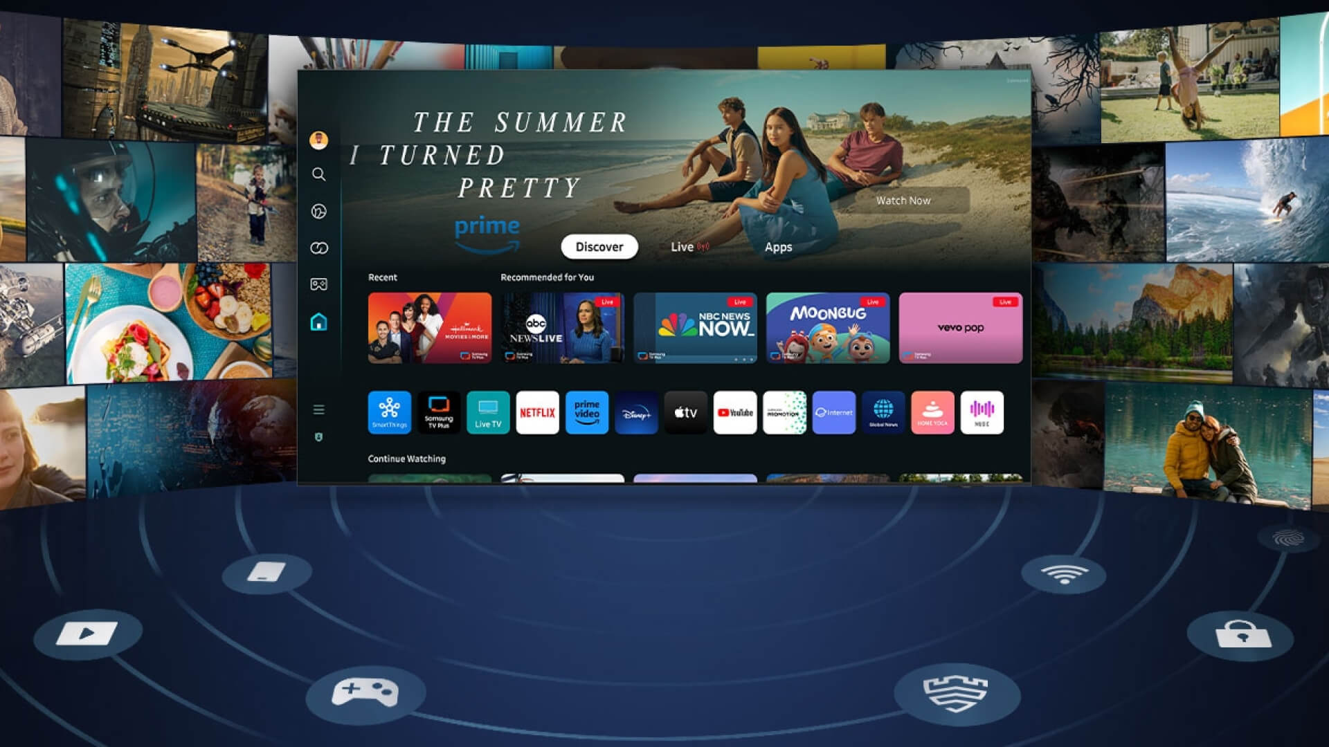 A smart TV interface displaying streaming apps and content recommendations.