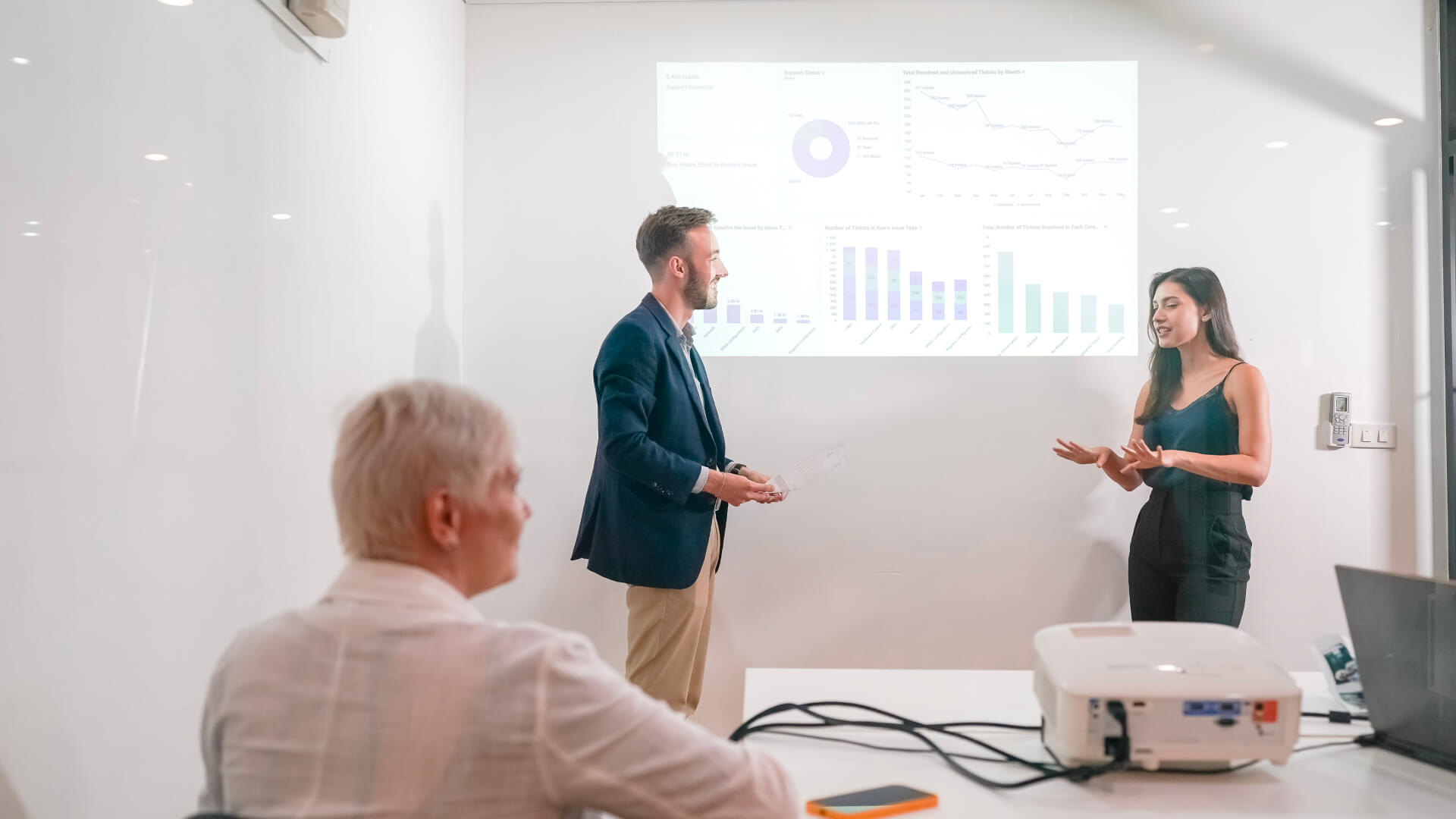  A projector screen in use in an office