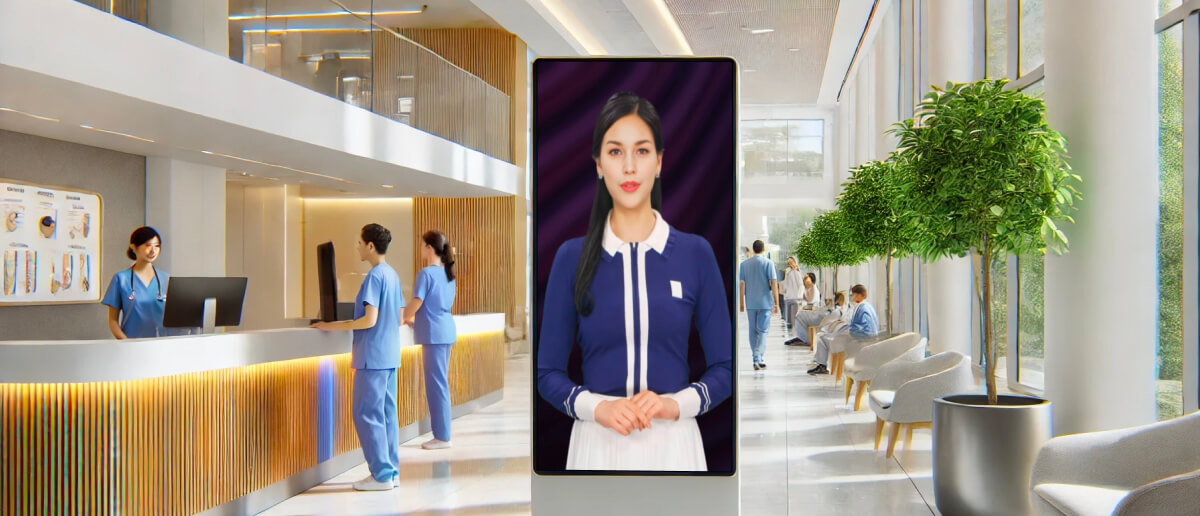 Virtual AI assistant displayed on a digital signage screen in a modern hospital lobby